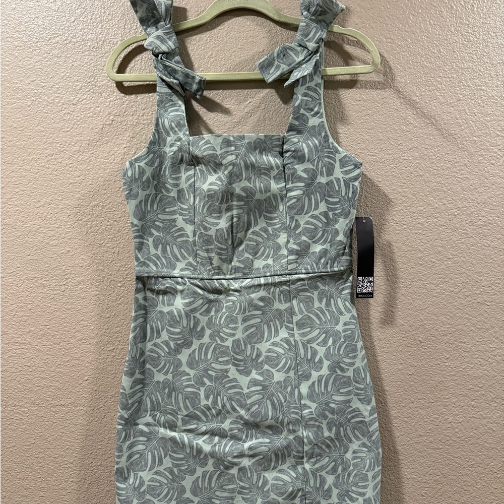 Trixxi Light Green Floral Bow Strap Short Dress Square Neck Sleeveless Size L
